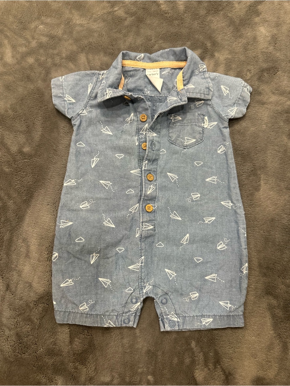 Carter's Chambray Blue Paper Airplane Short-Sleeve Romper